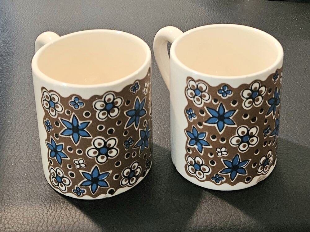Vintage MCM West Germany Brown & Turquoise Floral Coffee Mugs Set of 2 Retro
